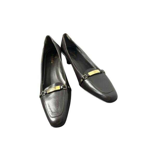 Brooks Brothers Block Heel Pumps Womens 7.5 Brown Leather Gold Bar Shoes‎ - Picture 3 of 6